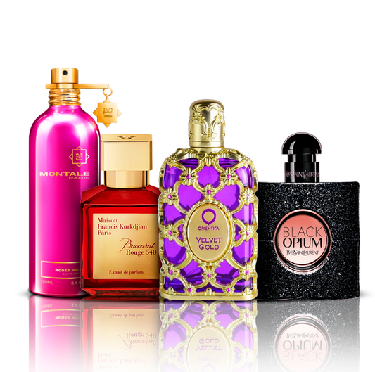 Zestaw 4 perfum | Orientica Velvet Gold + Baccarat Rouge + Black Opium + Montale Roses Musk 100 ml